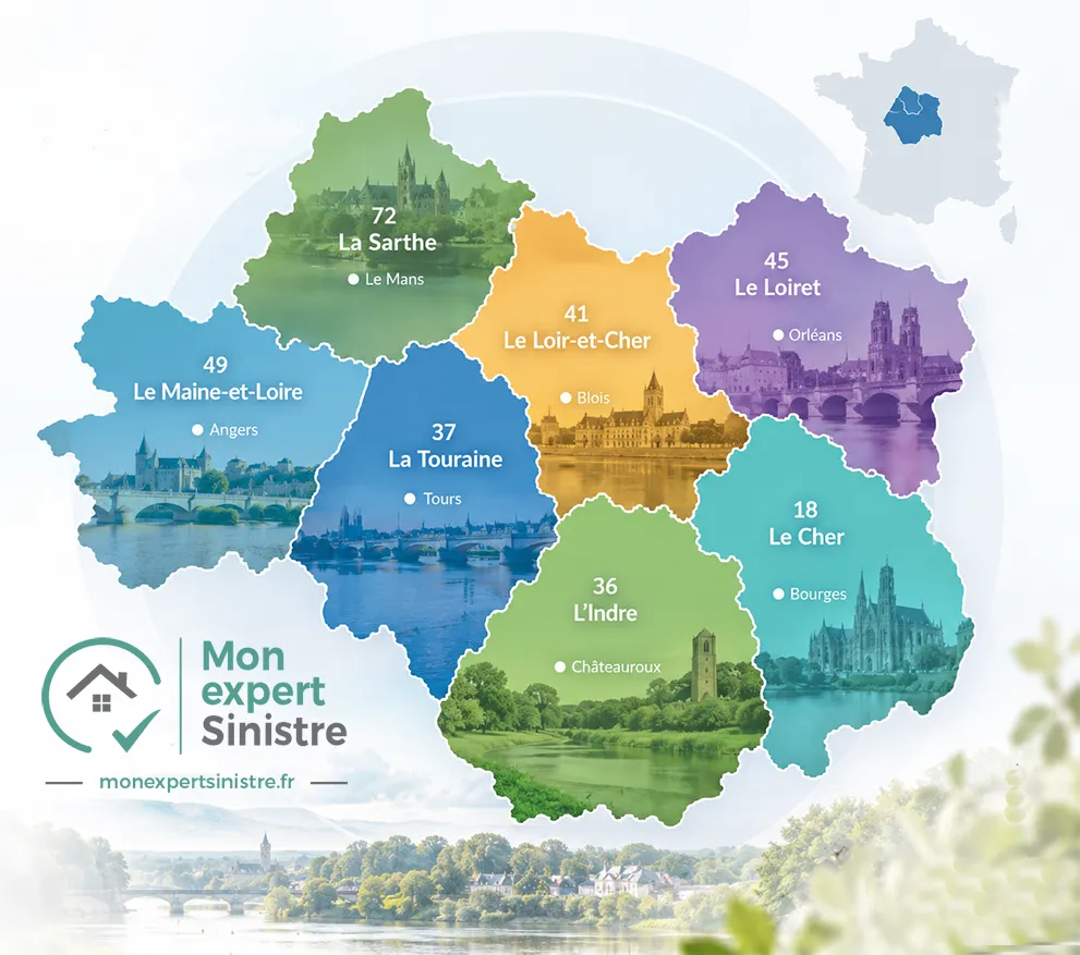 Territoire d'intervention de Mon Expert Sinistre expert d'assuré pour vous garantir une juste indemnisation : le 37, 45, 41, 36, 18, 72 et 49